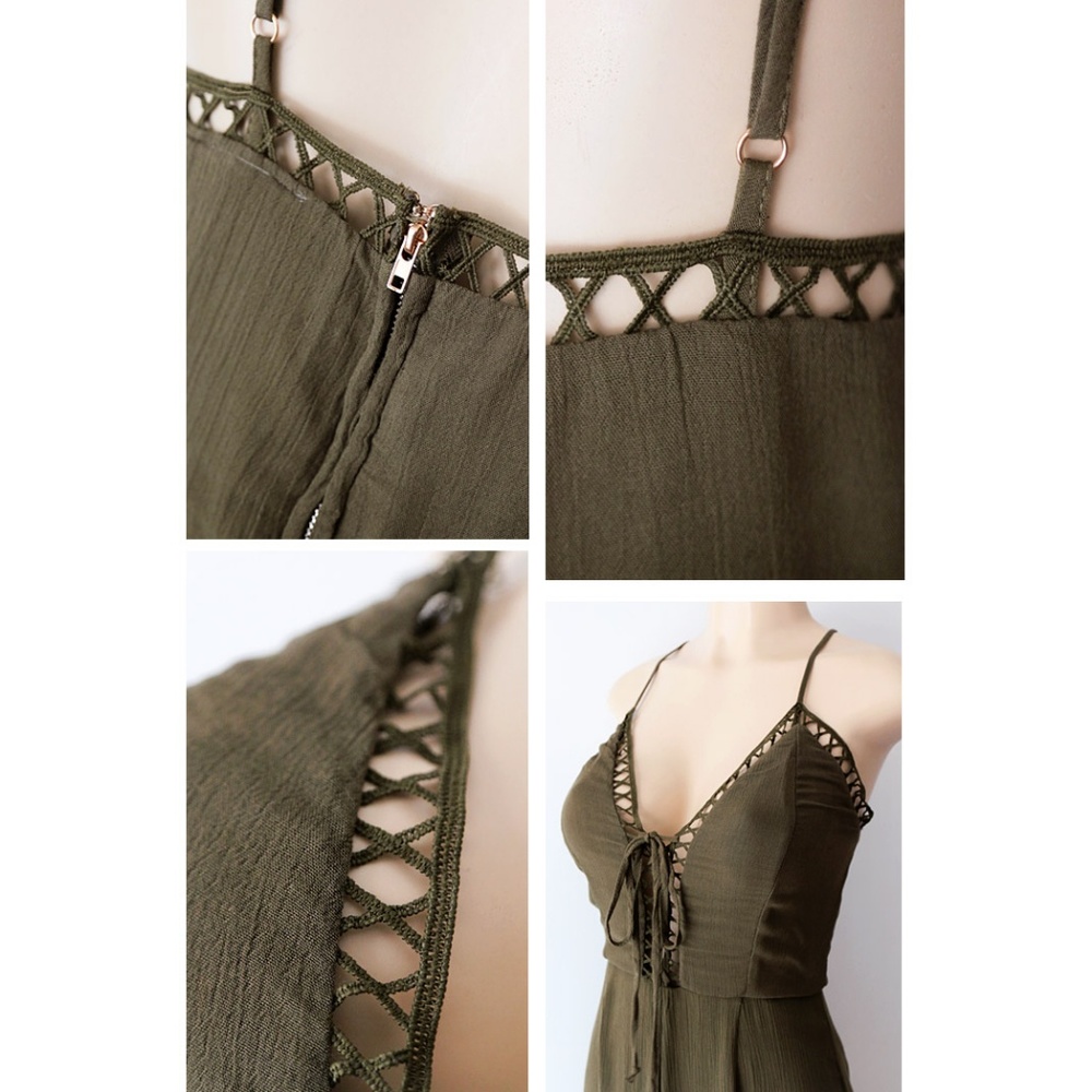 Last☝️Olive Laced Up V Neck Wide Leg Long Jumpsuit - Picture 6 of 8